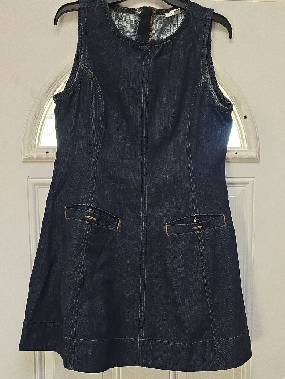 Dark Indigo Denim Sleeveless Mini Dress with Pocket Detail